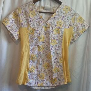 Tafford XS Sunny Yellow Floral V-Neck Scrub Top Stretch Sides Nurse Shirt Flower